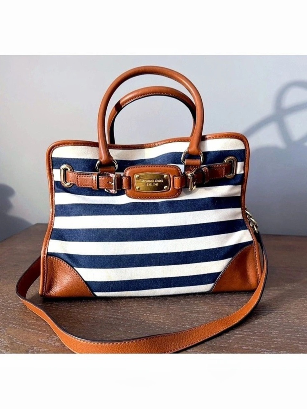 Michael Kors Hamilton Striped Canvas Satchel Navy White Tan Leather